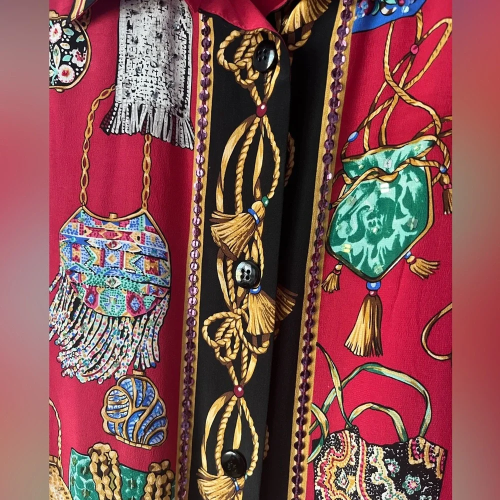 Vintage Diane Gilman Silk Beaded Button Up Collard Blouse Top Shirt Large - Picture 4 of 5